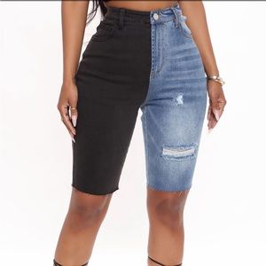 Black and blue denim shorts